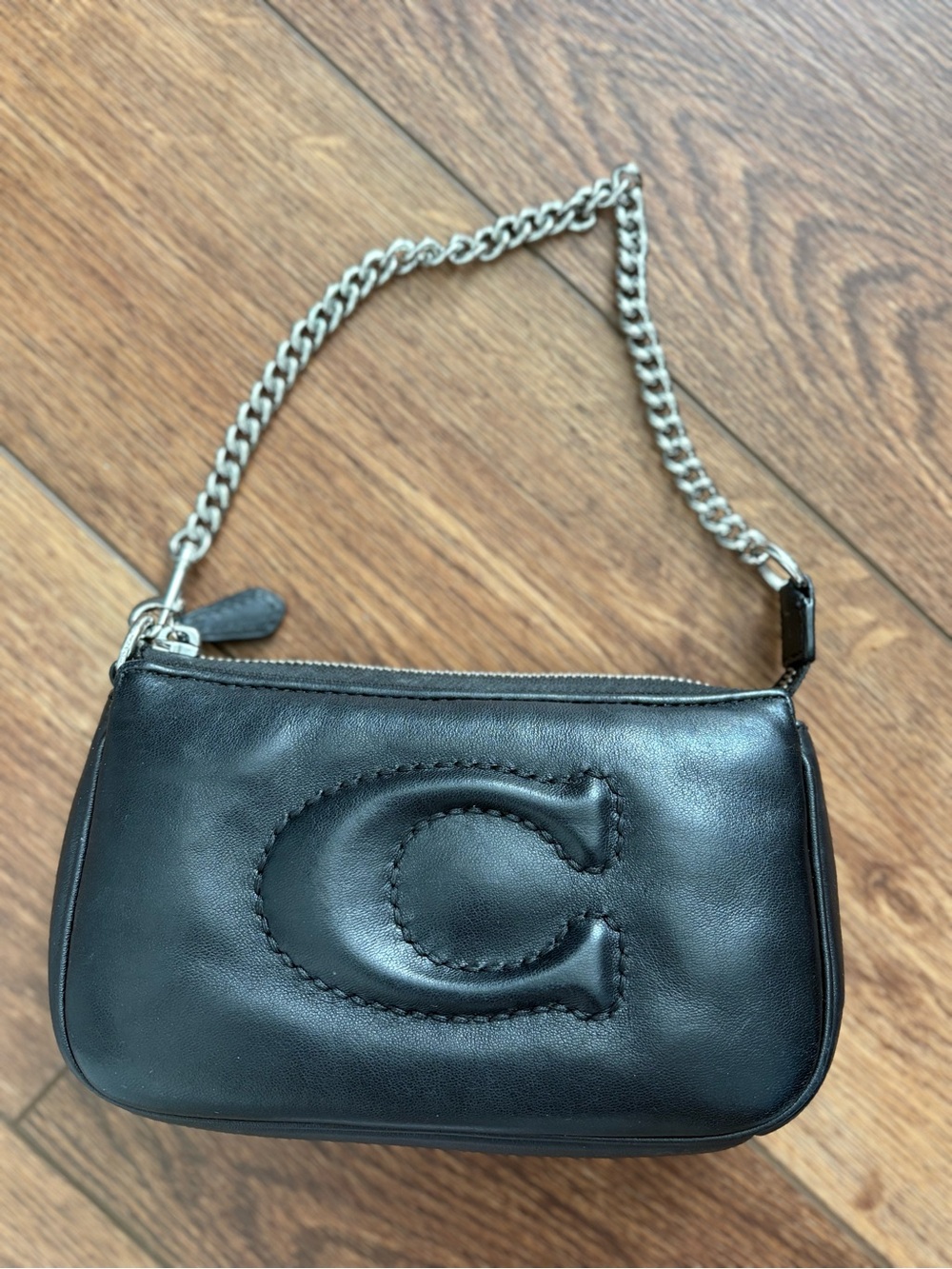 Coach Black Leather Mini Shoulder Bag with Silver Chain
